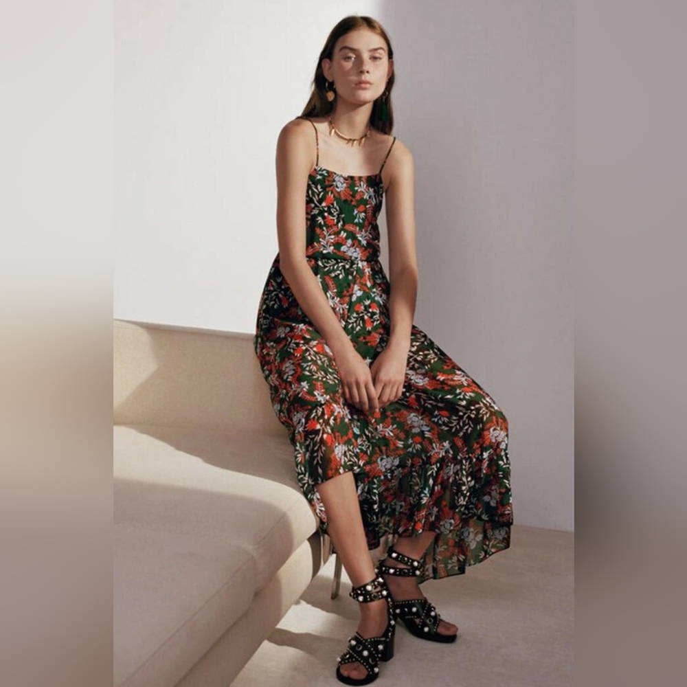 MAJE Revia Floral Print Crepe Ruffled Crossover Bottom Midi Dress Size 2